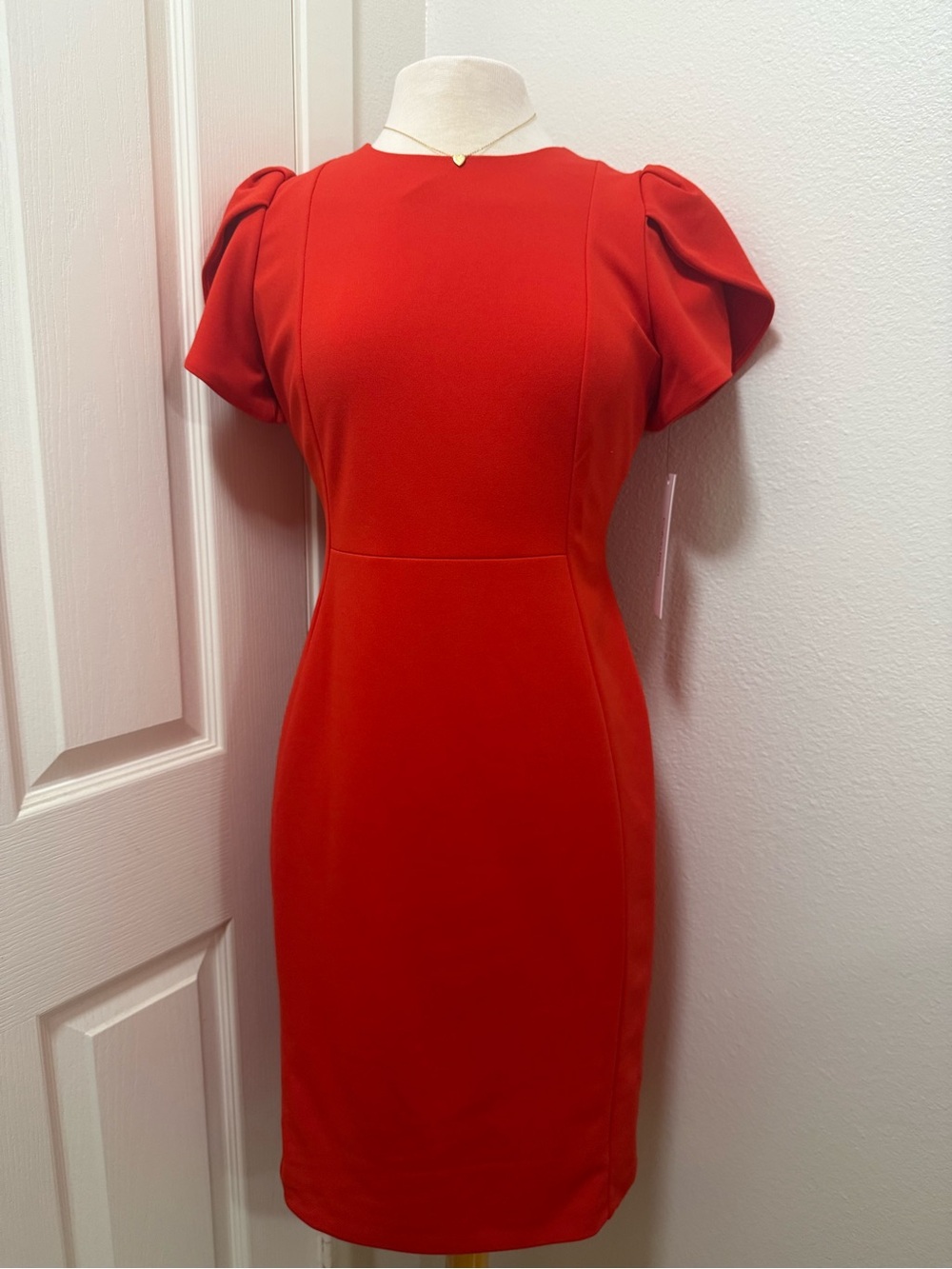 Calvin Klein Red Puff-Sleeve Midi Sheath Dress